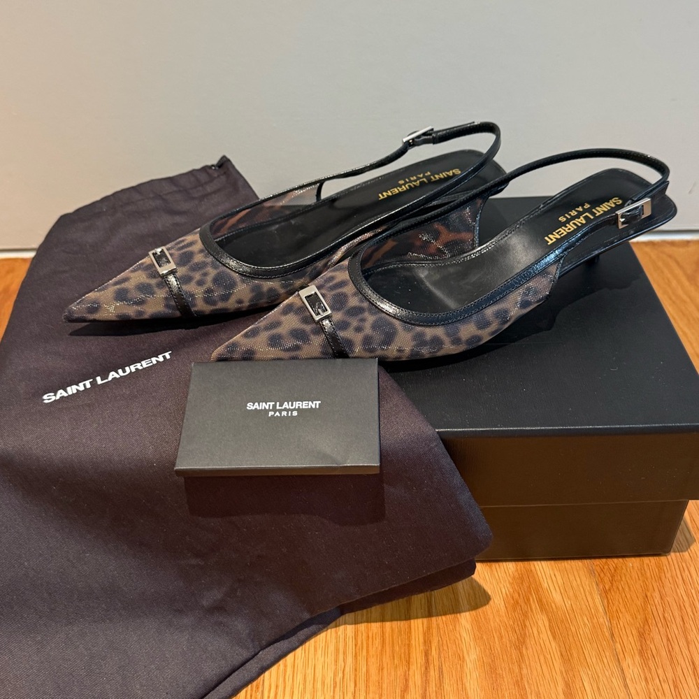 New Saint Laurent Oxalis leopard print kitten heel sling back sandals. Size 36.5
